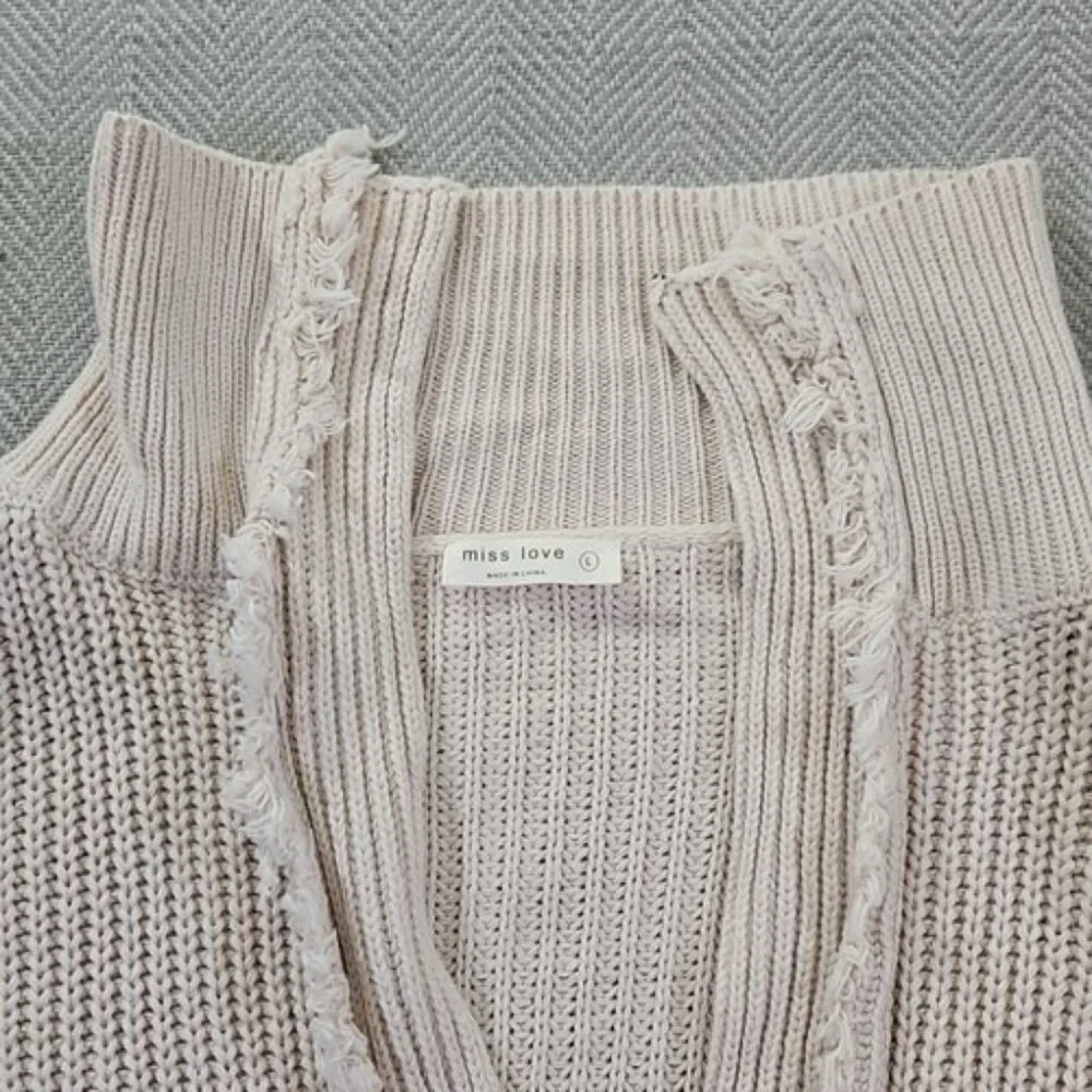 Miss Love Chunky Knit Fringe Button Cardigan Women's Size Large Tan EUC Gorpcore